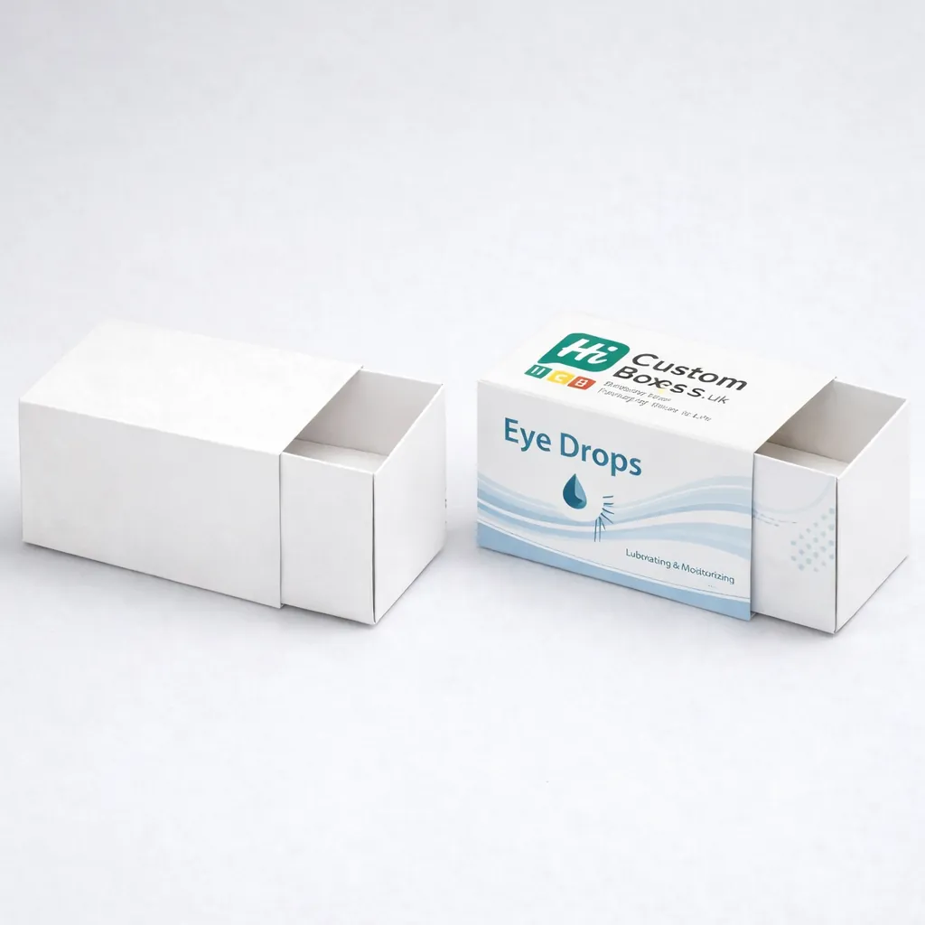 Two slide-out drawer boxes, one minimal white and one featuring blue medical branding and liquid graphics. class=